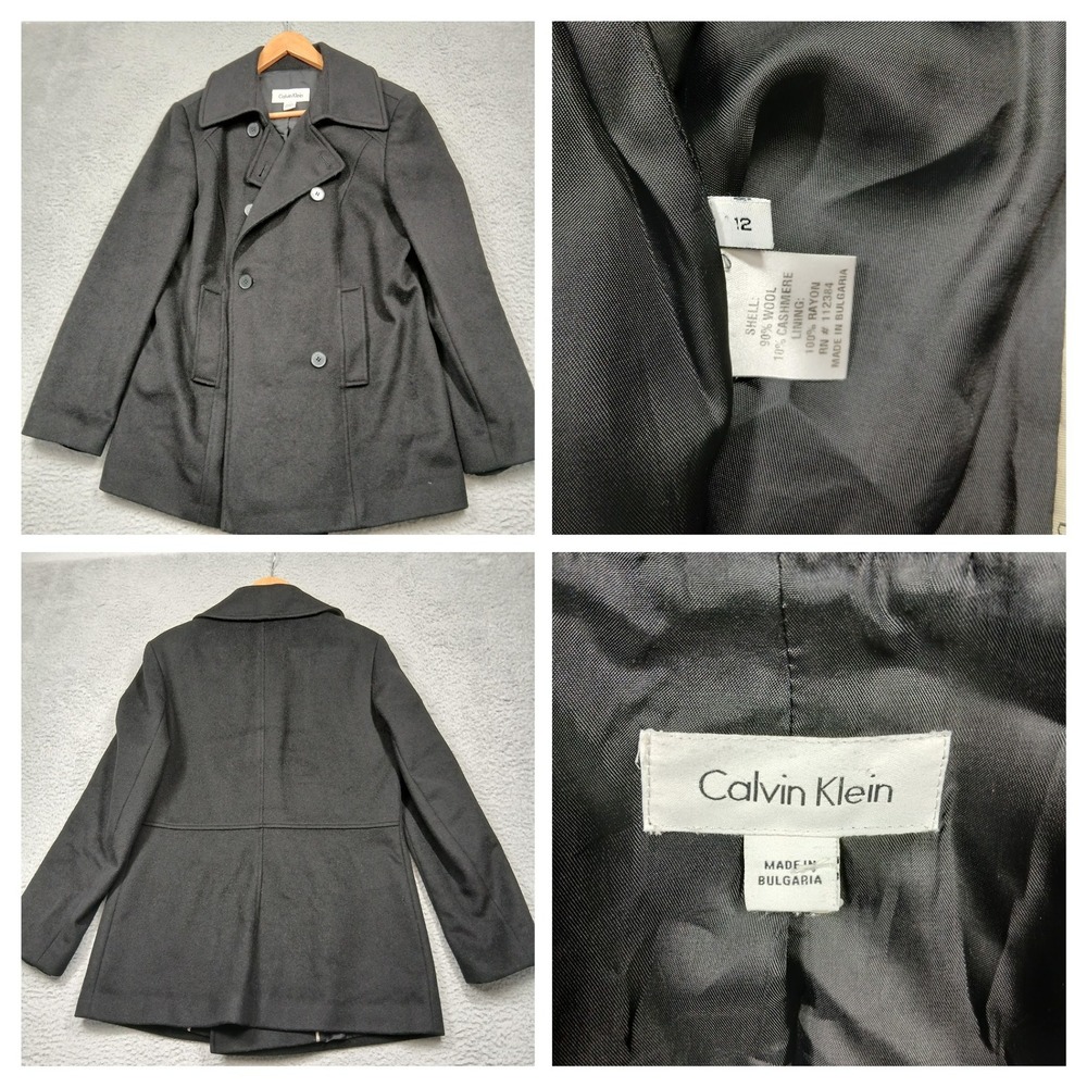 Calvin Klein Women's Peacoat‎ Size 12 Black Wool Cashmere Blend Double Breasted